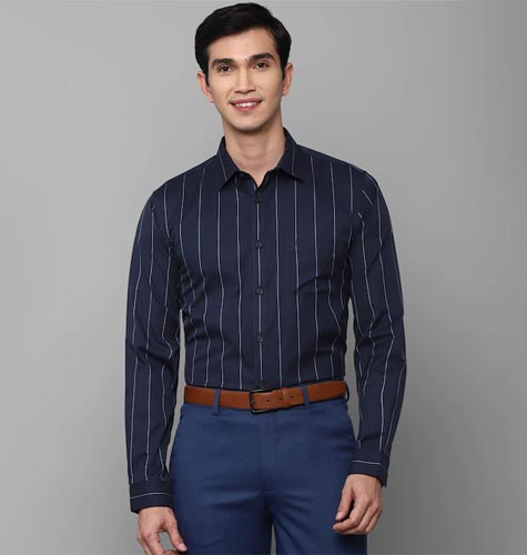 Men Navy Blue Slim Fit Striped Cotton Formal Shirt